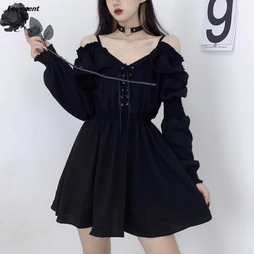 Women Black Gothic Deep V Neck Off Shoulder Dress 2021 Summer Lady Empire Eyelet Lace-up Lantern Sleeve Mini Camisole Dresses