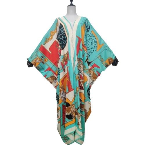 African Dresses For Women Traditional Sexy V-Neck Printed Floral Bohemian BouBou Clothes Kuwait Plus Size Silk Kaftan Dress