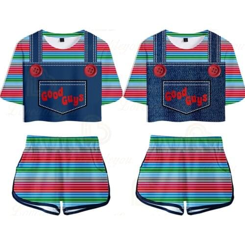 The Evil Good Guys Halloween Two Piece Set Chucky Print Crop Top & Shorts Women Tracksuit Outfits Summer Women Sets