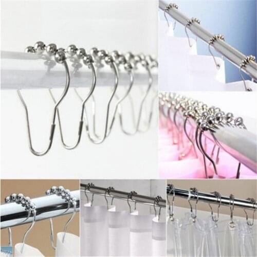12pcs/pack Set Package Polished Satin Nickel 5 Roller Ball Shower Curtain Rings Hooks Antirust Hanging Ring