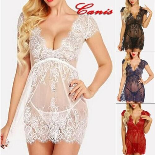 2 pcs Autumn Modis Women Sexy Lace Floral Babydoll Sleepwear + G-String Thong Tunic Gightgowns Sleepshirts Underwear