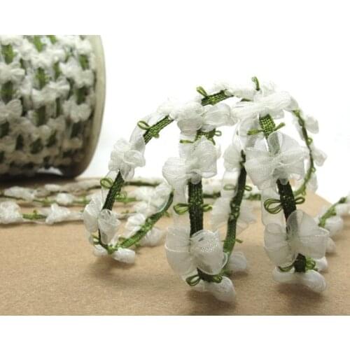 2 Yards Woven Rococo Ribbon Trim with Pink and Light Blue Chiffon Flower|Decorative Floral Ribbon|Scrapbooking|Clothing|Decor