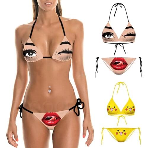 CLOOCL Sexy Cute Bikinis Swimsuit Lips 3D Print Cartoons Cosplay Beach Women Bra Straps Low Waist Bikinis Set