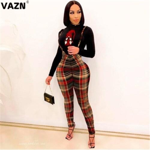 VAZN 2020 Autumn Plus Size Sexy Daily Young Plaid Elegant High Waist Full Sleeve Top Bib Long Pants Skinny Women 2 Piece Set
