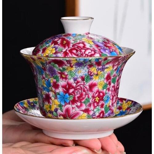 240ml Jingdezhen Porcelain Gaiwan Hand Painted Flowers Enamel Teapot Office Kung Fu Tea Set Master Tea Bowls Drinkware Teaware