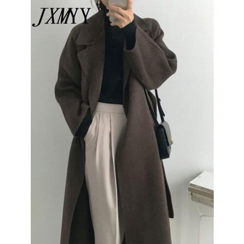 JXMYY French Lazy Style Warm Female Fresh Winter 2020 Classical Belt Retro Loose Women Woolen Coats Chic Casual Long Coat
