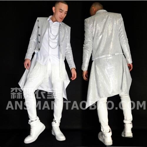 Nightclub Male DJ Male Singer Bar GD Same Paragraph Silver Super Flash Long Detachable Suit Jacket Costume