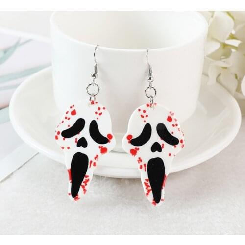 1Pair 50*31 MM Bloody Skull Head Drop Earrings Flatback Acrylic Creepy Halloween Gifts Jewelry