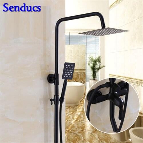 Senducs Black Shower System High Quality Brass Bathroom Rainfall Shower Set Stainless Steel Square Shower Black Faucet