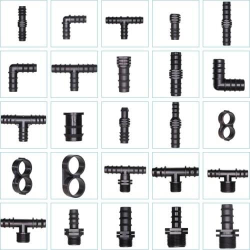 RBCFHl 16 20 25MM Tubing Water Connectors Equal Coupling Adaptor Elbow Tee End Plug Drip Irrigation Barbed Fittings 1/2 3/4