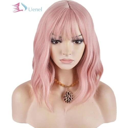 Uenel 14 Inches Women Girls Short Curly Synthetic Wig with Bangs Lovely Pink