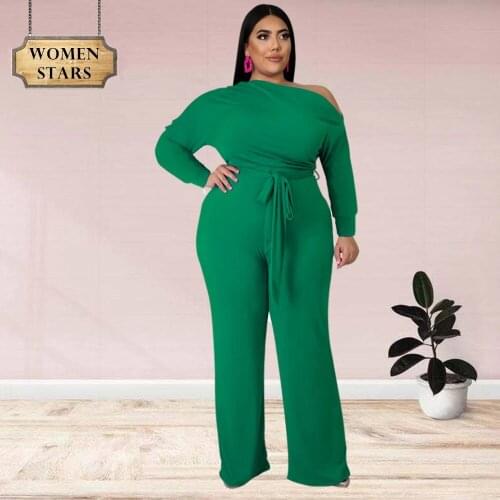 Plus Size Two Piece Outfits Women Wholesale Ribbing Solid Oblique Shoulder Top with Belt Pants Sets Fall Clothing Dropshipping