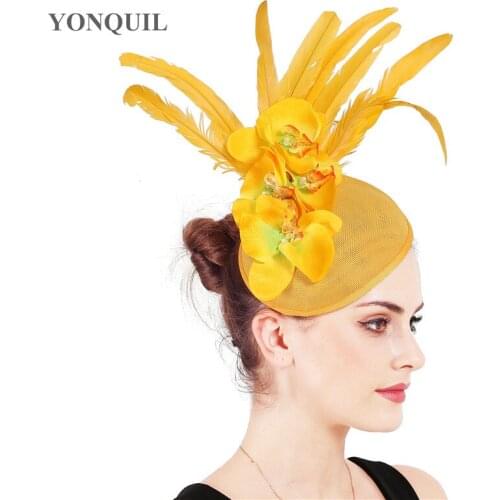 New Fashion Women Wdding Yellow Fascinators Floral Hats Derby Millinery Hat Feathers Chic Accessories Party Bride Headpiece
