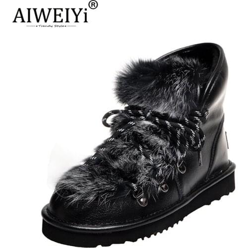 AIWEIYi Wool Boots Flat Heels Ankle Boots Motorcycle Boots Genuine Leather Women Shoes Thick Heels Lace Up Short Boots