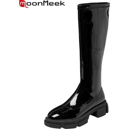 MoonMeek 2021 Hot Sale Patent Leather Stretch Boots Women Autumn Winter Casual Shoes Flat Platform Shoes Women Knee High Boots