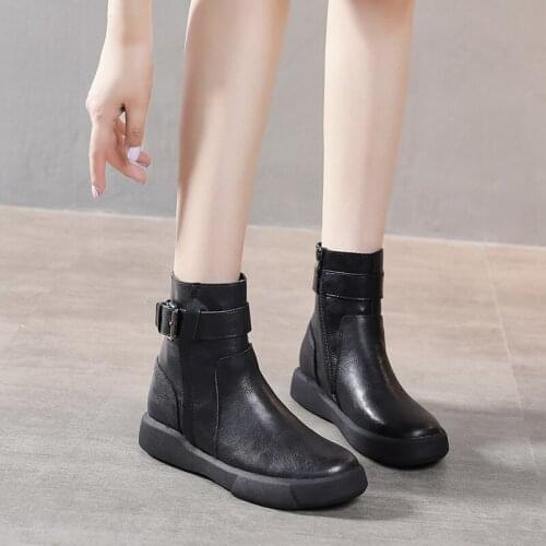 AARDIMI Genuine Leather Women Spriing Boots For Ladies New Buckle Motorcycle Boots Shoes Woman Flat With Fur Warm Boats Mujer