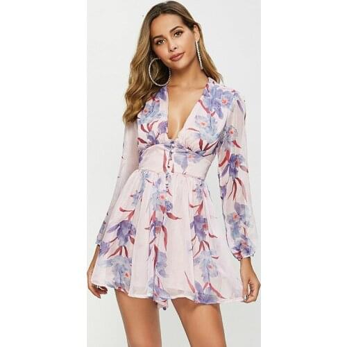 2019 Autumn Women Jumpsuit Sexy Print Floral Ruffle Body Femme Vneck Chiffon Playsuit Rompers Beach Bodysuit Overalls For Ladies