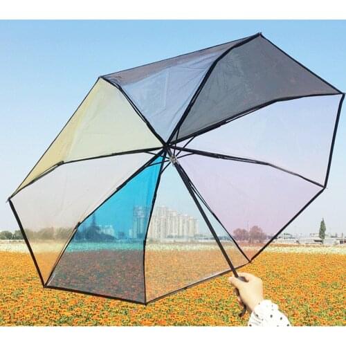 Transparent Plastic Umbrella Cute Tri-Fold Long Umbrella Rainbow Umbrella Raining Child Umbrella