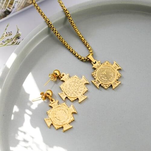 1 Set San Benito Exorcism Cross Pendant Necklace Stainless Steel Jesus Cross Collier Femme For Lady Jewelry