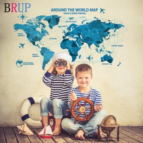 100x55cm Blue World Map Wall Stickers Creative Map of The World Home Decor for Kids Room Lovely Travel Wall Decals for Bedroom