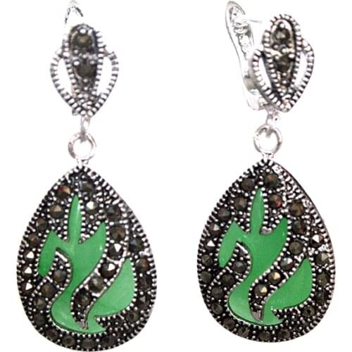 11/2" noble 925 Silver & Marcasite inlay green Natural jade Waterdrop Earrings