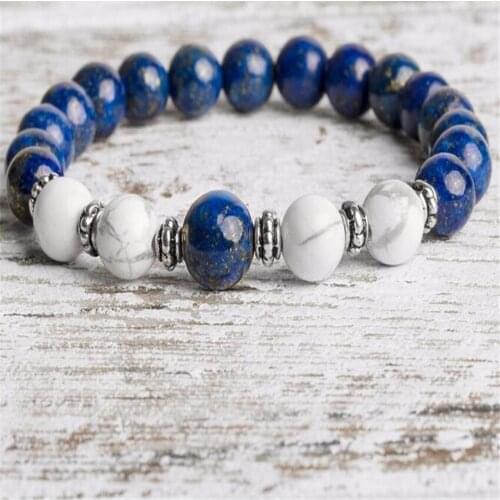 8mm Howlite Lapis Lazuli Gemstone Mala Bracelet 7.5 inches Sutra Lucky Meditation Pray Chakras Healing Handmade Gemstone