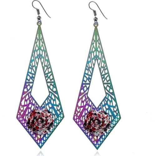 8Seasons Fashion Drop Earrings Stainless Steel Earrings Multicolor Rhombus Rose Flower Color Charms 11cm x 3.5cm, 1 Pair