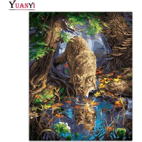 DIY 5D Diamond Embroidery Cross Stitch Fox drinking water Square Diamond Mosaic Animal Full Round Diamond Painting Home Decor