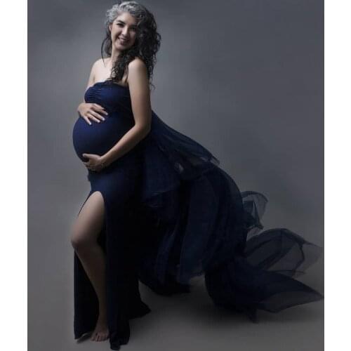 Strapless Navy Blue Mermaid Maternity Dress Sexy Split Long Tulle Train Pregnancy Gowns To Photo Shoot Custom Made Vestidos