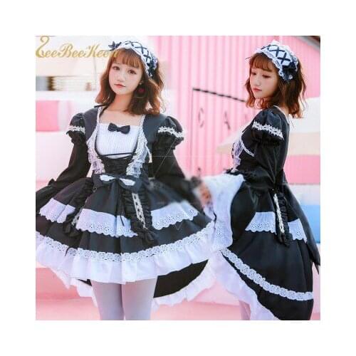 Girls Black Lolita Maid Dress Japanese Lolita Forked Tail Adult Anime Game Halloween Cosplay Costume Gothic Lolita Maid Dress