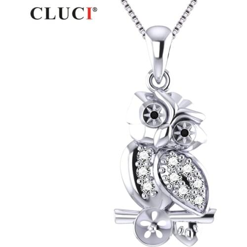 CLUCI 100% 925 Sterling Silver Cute Owl Animal black & white CZ can stick 7mm Pearl For Girls Jewelry SP343SB