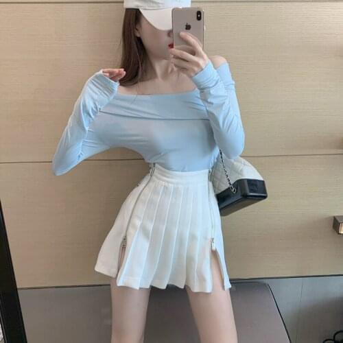 COIGARSAM Full Sleeve Women Skirt High Waist Zipper White Skirts Blue T-shirt 2832