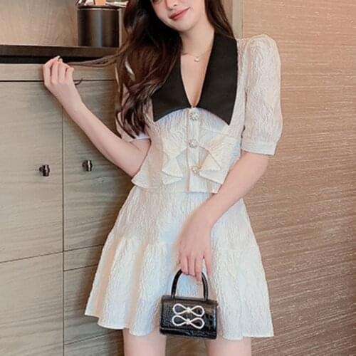 French Summer Small Fragrance Sweet 2 Piece Set Women Single-Breasted Short Shirt Crop Top A-line Skirt Suits Two Piece Outfits