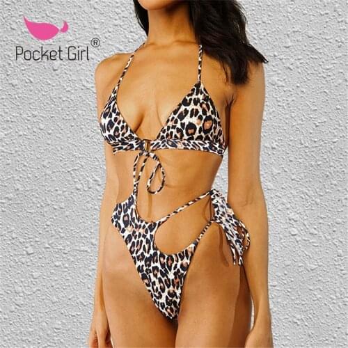 Pocket Girl 2021 Mini String Bikini Leopard Swimsuit Women Micro Bikini set Swimwear Female Beach wear Bather Halter Bathingsuit