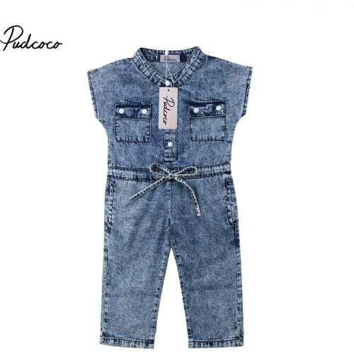 2018 Brand New Summer Toddler Baby Girl Fashion Jumpsuits Denim Blue Short Sleeve Single Breasted Elastic Waist Belt Romper 1-6Y