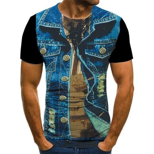 2021 summer 3dt hip-hop shirt two-piece faux denim printed casual loose short-sleeved t-shirt harajuku casual top