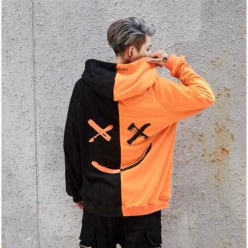 Fashion hoodies Spring autumn men Smile Print Color Block Patchwork pullover Couple hip hop loose hooded Sweatshirt Dropshipping