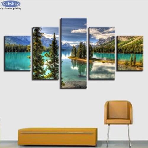 Full square 5d diy Cross Stitch Diamond Painting Tree Mountain Lake Nature Landscape diamond Embroidery Diamond Mosaic 5 Pcs set