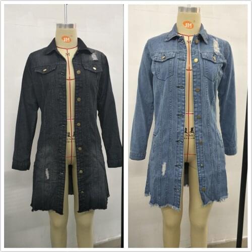 2020 New Black and Blue Womens Long Denim Trench Coat Fashion Casual Ripped Jeans Windbreaker Female Fall/Winter Clothes S-3XL
