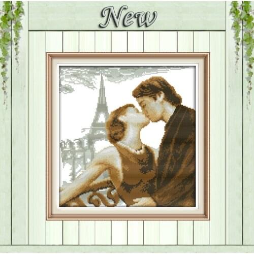 Parisian Love,pattern print on the canvas DMC 14CT 11CT Cross Stitch kit,embroidery needlework Set,lovers kiss Home Decoration