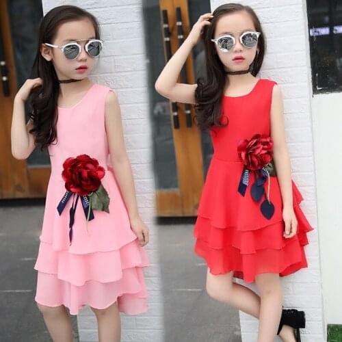 Childrens 2020 new summer big flower chiffon girl dress sleeve solid color dress 3 4 5 6 7 8 9 10 11 12 years baby girl clothes