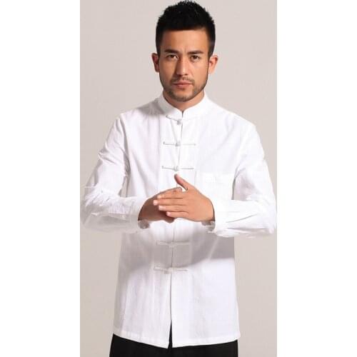 White Mens Cotton Linen Long sleeve Kung Fu Shirt Classic Chinese Style Tang Clothing Size S M L XL XXL XXXL Hombre Camisa Mim