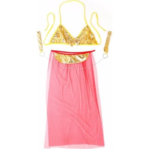 Sexy lingerie Gold patent leather bra long veil Pole dancing cloth set lenceria erotic lingerie sexy Belly dance costumes