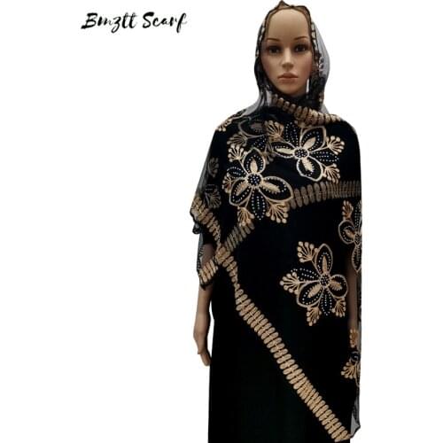African Women Scarf Style Scarf Embroidered With Diamond 200*50cm Mesh Scarf Shawl Outdoor Muslim Fashion Hijab Scarf BF-212