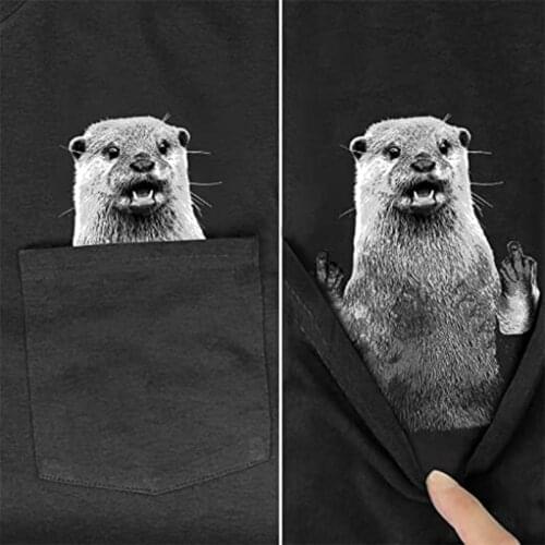 CLOOCL Cute Pocket T-Shirt Summer Funny Otter Printed T-shirt Men for Women Shirts Tops Cartoons Cotton Black Tees