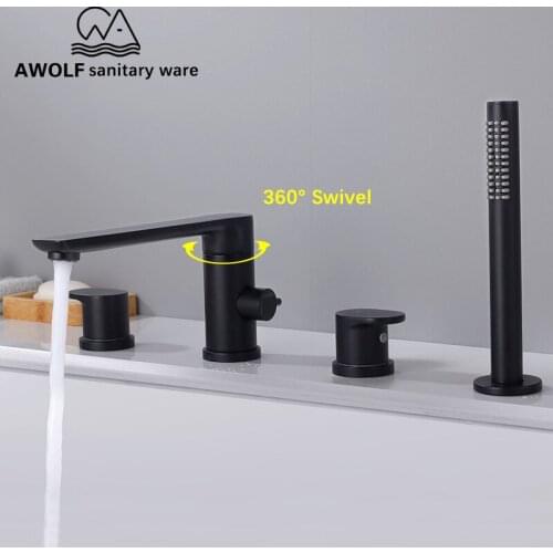 Bathroom Bathtub Shower Faucet Set Deck Mounted Solid Brass Basin Vessel Sink Pull Out Faucet 4 Pcs Matte Black Mixer Tap ML8058