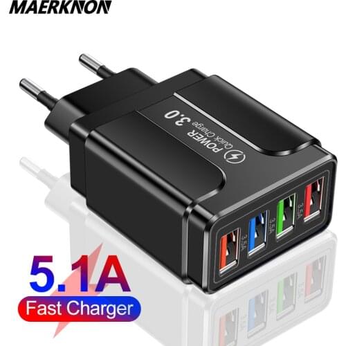 48W USB Charger 4 Ports Quick Charge 3.0 4.0 Universal Wall Mobile Phone Chargers Fast Charging For iPhone 12 X Xiaomi Tablet