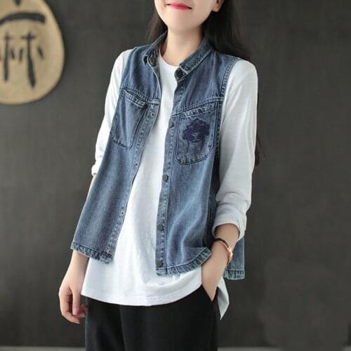 Ladies Chinese Tops 2020 New Autunm Vintage Denim Vest Cardigan Coats Sleeveless Blouses Chinese Style Clothing Women 11421