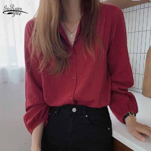 Women Wine Red Color Bottoming Shirt Autumn Cotton Slim Long-Sleeved Shirt All-match Solid Casual Cardigan Blouse Blusas 11682