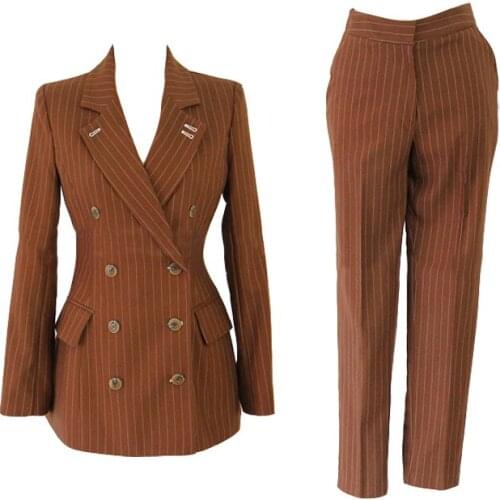 Woman office suit pants suit new style fashion striped casual OL professional long-sleeved jacket slim feet pants two-piece